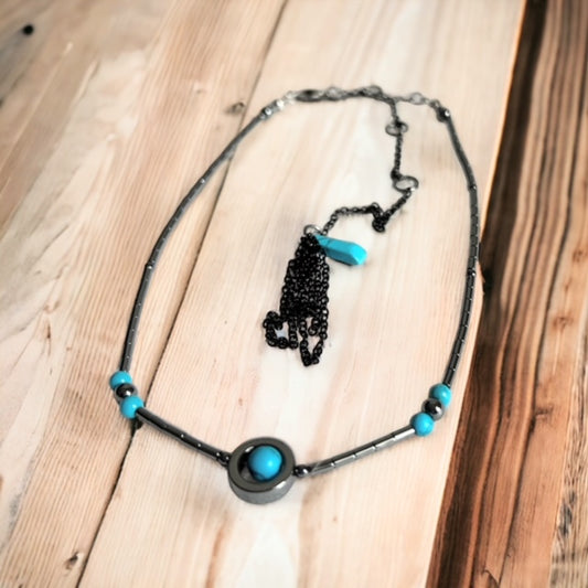 Sansa Hematite and Howlite Turquoise Necklace